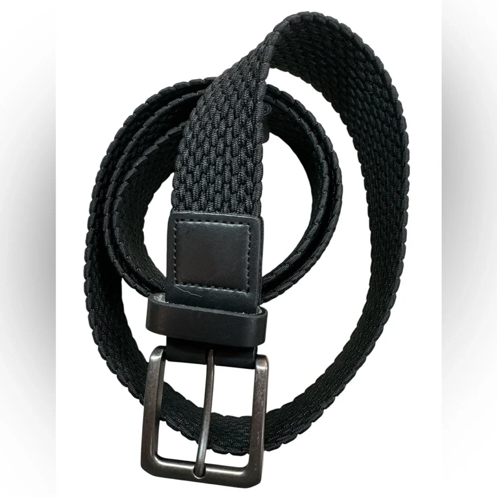 Casual Stretch Braided Black Belt Leather Tab Ends Square Nickel Buckle Mens XL